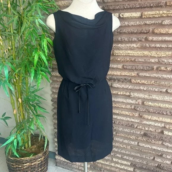 Vintage 60s Black Draped Neckline Sleeveless Wiggle Tea Dress Bobbie Brooks - Picture 1 of 6